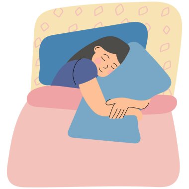Yastık tutarken uyuyan bir kadın. Uyku hijyeni, uyku rutini, akıl sağlığı ve kişisel bakım gibi kavramlar için vektör illüstrasyon.