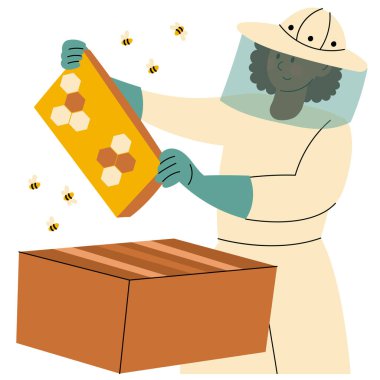 Koruyucu kıyafetli, elinde bal peteği çerçevesi olan bir kadın arıcı. Arılarla ilgilenen dişi arı yetiştiricisinin düz bir çizimi. Sürdürülebilir tarım, eko yaşam tarzı ve doğa bakımı kavramı.