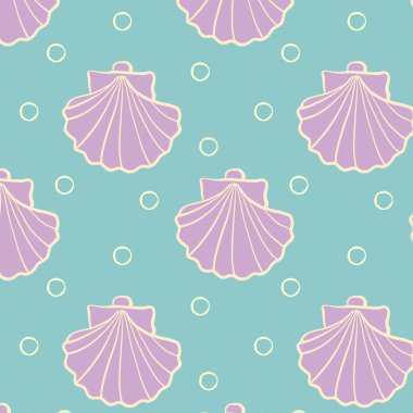 Turkuaz arka planda deniz kabuğu ve baloncukları olan tatlı pastel renkli dikişsiz desen. Çocuk tasarımı, yaz ürünleri, kumaş, ambalaj kağıdı için mükemmel deniz temalı vektör çizimi