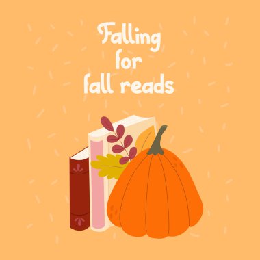 Yığınla kitap, balkabağı ve sonbahar yaprakları. Sonbahar aşkı okunuyor. Tebrik kartı şablonu