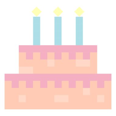 Piksel resimli kek. Geriye dönük 8-bit oyun tarzında kek. Çıkartmalar, simgeler, kartlar için piksel pasta tasarımı.