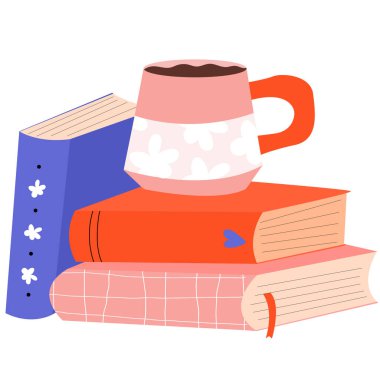 Bir yığın kitap ve kahve fincanı. Dünya Kitap Günü. Kitapçı, kütüphane, kitapçı veya eğitim için okuma ögeleri kümesi