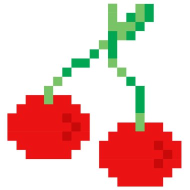 Piksel resimli kiraz. Vişne retro 8-bit oyun tarzında. Çıkartmalar, simgeler, kartlar için piksel kiraz tasarımı.