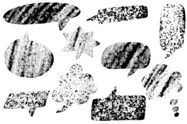 Bir dizi sıkıntılı siyah beyaz konuşma ve tuhaf dokuları olan düşünce kabarcıkları. Retro posterler, pop sanat tasarımları, sokak sanatı unsurları veya anlamlı tipografi düzeni için ideal.