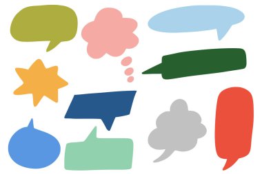 Renkli konuşma ve düşünce kabarcığı siluetleri. Değişik soyut diyalog şekillerine sahip, parlak renkli vektör koleksiyonu. Çocuk tasarımları, çizgi romanlar, posterler, çıkartmalar için ideal