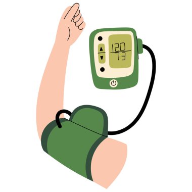 Otomatik tansiyon monitörü olan bir kol. Ekranda yüksek tansiyon rakamları var, bu da hipertansiyonu gösteriyor. Sağlık, kardiyoloji ve hipertansiyon farkındalığı için düz tıbbi illüstrasyon