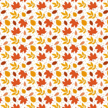 Sonbahar yapraklarıyla kusursuz desen. Akçaağaç, meşe ve huş yaprakları turuncu, sarı ve kahverengidir. Sonbahar temalı ambalaj kağıdı, kumaş, kırtasiye ve mevsimlik markalaşma için ideal..