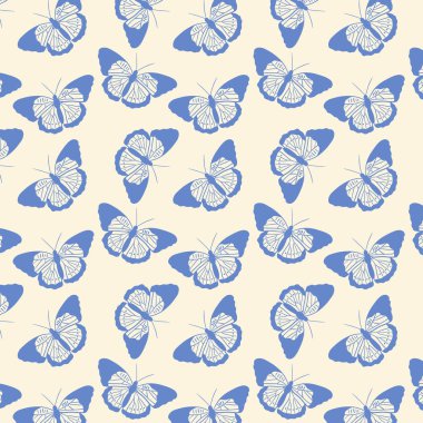 Açık bej arka planda mavi ve beyaz düz kelebekleri gösteren kusursuz desen. Tekstil baskıları, duvar kağıtları ve bahar temalı tasarımlar için ideal.