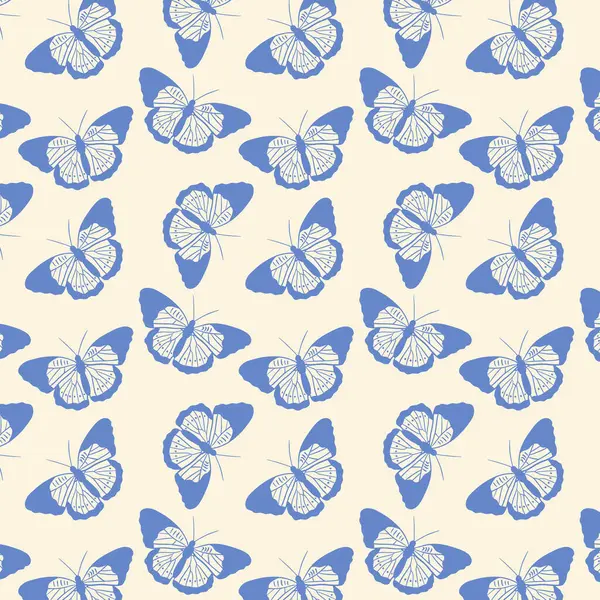 Açık bej arka planda mavi ve beyaz düz kelebekleri gösteren kusursuz desen. Tekstil baskıları, duvar kağıtları ve bahar temalı tasarımlar için ideal.