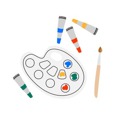 Renkli boya, fırça ve boya tüpleriyle sanatçı paletinin düz çizimi. Tasarım, resim ve sanatsal hobiler için yaratıcı sanat araçları kavramı.