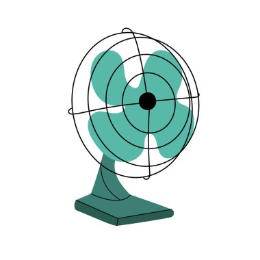Çizgi film tarzında klasik elektrikli vantilatör. Yaz serinlemesi ya da ev aletleri tasarımı. Elektrik vantilatörü. Solunum masası dönen pervanesi, soğuk hava kontrolü, evdeki iklim kontrolü. 