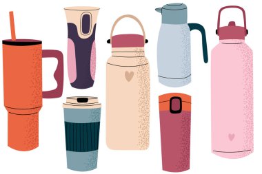 Çeşitli renkli termosların düz vektör çizimi ve yeniden kullanılabilir seyahat kupaları. Termoslar, yeniden kullanılabilir bardaklar, sıcak içecekler için bardaklar. Sıcak içecekler için termo kaplar. Turist kampı için ekipman. 