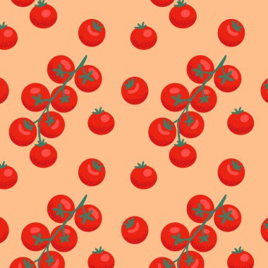 Kusursuz desenli, olgun kırmızı domatesler ve açık arkaplanda domates asmaları. Mutfak dekorasyonu, ambalajı ya da tekstil için düz çizgi film tarzı sebze tasarımı.
