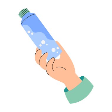Plastik su şişesini tutan bir elin düz vektör çizimi. Susuzluk, sağlıklı yaşam tarzı ve çevre dostu tema.