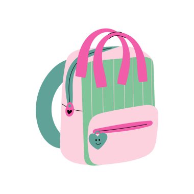 Çocuklar için resimli sırt çantası. Cepleri ve kayışları olan parlak düz stil okul çantası, okula dönüş tasarımları ve çocuk aksesuarları için mükemmel..