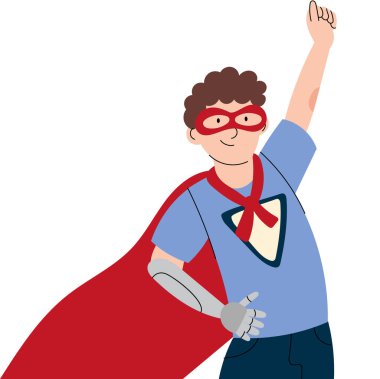 Protez kollu süper kahraman kostümlü cesur çocuk. Güç, kapsama ve kendine inanmayla ilgili motivasyon gösterimi..