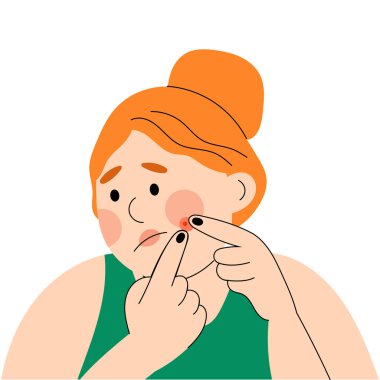 Genç bir kız yanağına sivilce sıkıyor. Sivilceler, lekeler ve genç cilt sorunları hakkında düz cilt bakımı çizimi.