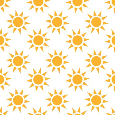 Kusursuz sarı güneş deseni. Beyaz zemin üzerinde parlak güneş simgeleri olan düz vektör tasarımı, yaz temaları, plaj dekorları ve güneşli tatil paketlemeleri için mükemmel..