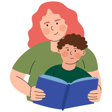 Anne oğluna bir kitap okur. Ailenle evde vakit geçir. Birlikte kitap okurken annesinin kucağında oturan küçük bir çocuk. Ev etkinliklerinin görüntülenmesi.