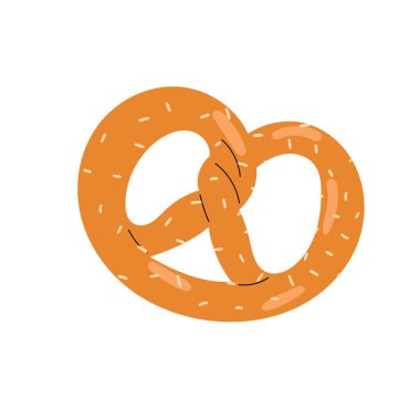 Bavyera krakeri. Yumuşak, bükülmüş, kahverengi kabuklu kraker. Geleneksel Alman tuzlu krakeri. Eğlenceli ve iştah açıcı düz bir şekilde resmedilmiş.