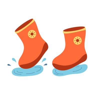 Parlak turuncu yağmur botları su birikintilerine sıçrıyor. Güneş amblemli su geçirmez botların eğlenceli düz çizimi, yağmurlu günler için mükemmel..