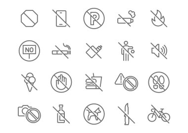 Yasaklar ve güvenlik temasına göre düzenlenebilir vektör simgesi ayarlandı. Dur işareti, cep telefonu yasağı, sigara içme ve yangın gibi ikonları içerir. Simgeler kullanıma hazır.