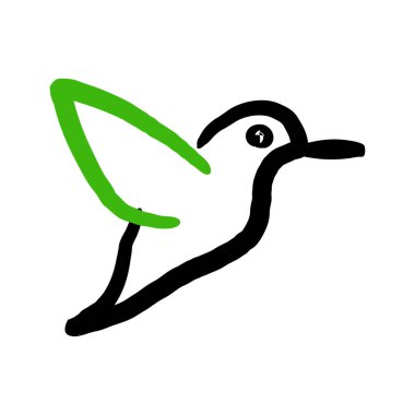 Yeşil kanatlı siyah kuş silueti, beyaz arka planda uçuyor..