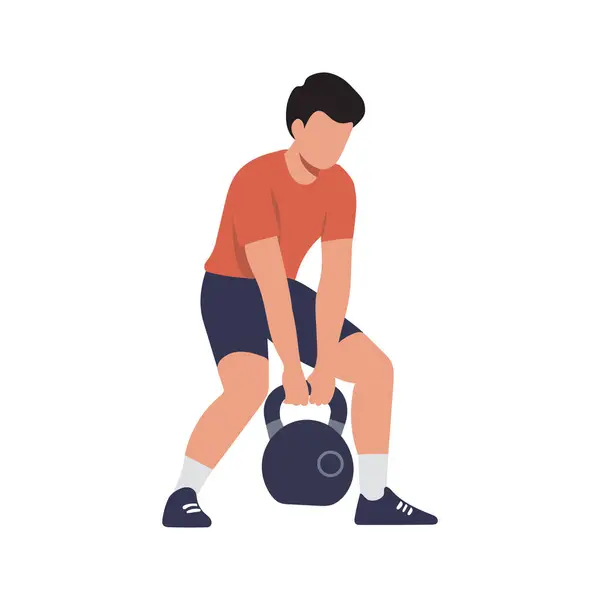 Turuncu tişörtlü bir adam, bir kettlebell kaldırır..