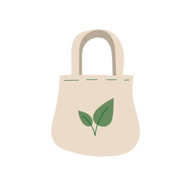 Beyaz arkaplanda yeşil yapraklı bej renkli pamuk çanta, karikatür tarzı..