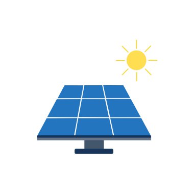 Üzerinde sarı güneş parlayan mavi güneş paneli, beyaz arkaplan.