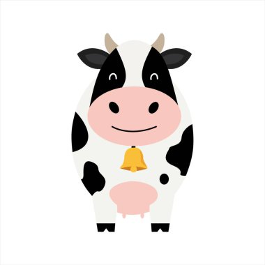 Çizgi film ineği, siyah beyaz benekler, pembe burun, beyaz arka plan..