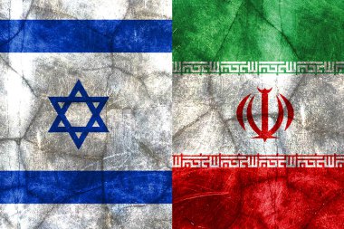 Grunge, İsrail ve İran bayraklarının bölünmüş görüntüsünü dokudu.