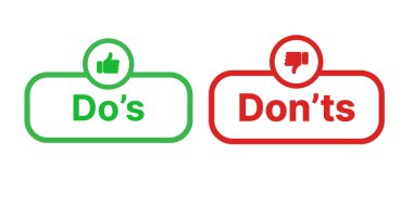 Yapılacak ve yapılmayacak simgesi. Kılavuz ve kural listesi için sembol yapmak ve yapmamak. Başparmakları yukarı ve baş parmakları aşağı işareti olan düğmeler.