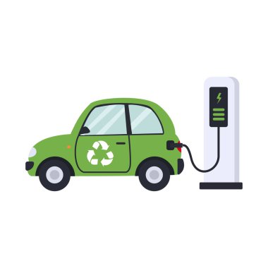 İstasyonda geri dönüşüm sembolü olan yeşil elektrikli bir araba şarj oluyor..