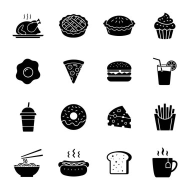 Çeşitli yiyecek ve içecekleri temsil eden on altı siyah sembol.