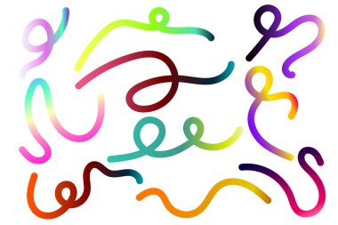 Gradyan ile Renk Çizgisi Şekilleri. Beyaz Arkaplanda Soyut Dalgalı Desen. 3D Gökkuşağı Renk Dalgaları Grafikleri. Dinamik Karalamalar, Girdaplar ve Sarmal Kurdeleler