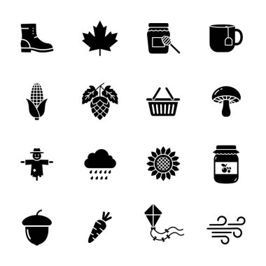 Çeşitli sonbahar ve hasat temaları temsil eden 16 siyah simge.