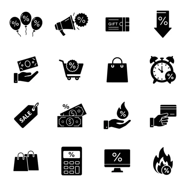 Satışları, indirimleri ve alışverişi temsil eden 16 siyah simge.