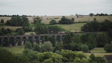 Uzun bir yük treni, tarlalar ve ağaçlarla çevrili kırsal bir vadide uzun bir viyadük boyunca yavaşça ilerliyor. 4k görüntü