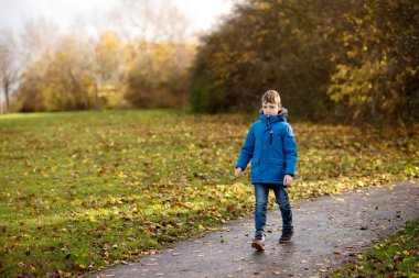 Sonbahar parkında renkli yapraklarla çevrili genç bir çocuk yürüyor..