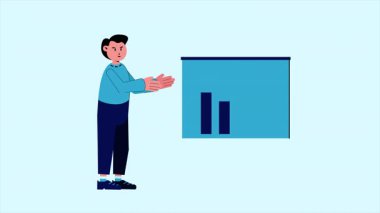 İşadamı Bar Chart 'ı sunuyor. Açık Mavi Arkaplan ile 4k Canlandırma