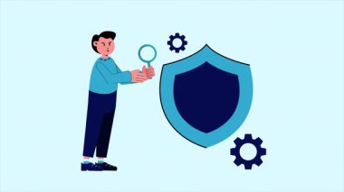 İş adamı veri güvenliğini kontrol ediyor. Açık Mavi Arkaplan ile 4k Canlandırma