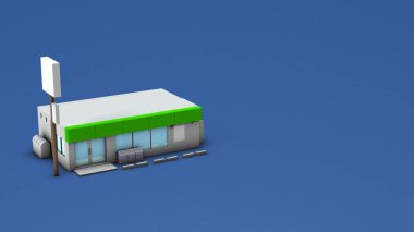 Bir marketin görünümü. Minyatür gibi basit bir illüstrasyon. Yeşil tabelanın karakterize edildiği bina. 3d oluşturma.