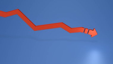 Bükülmeler ve dönüşler boyunca inen bir çizgi grafiği. Çöküş ve durgunluk. İniş ya da çöküşü temsil eden soyut bir kavram. Güzel mavi arka plan. 3B görüntüleme.