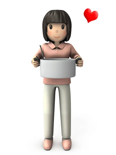 Young Asian woman holding a big pot. She specializes in hospitality. She is Japanese with dark hair and dark eyes, wearing a pale pink shirt. Full body image from the front.  3D rendering.