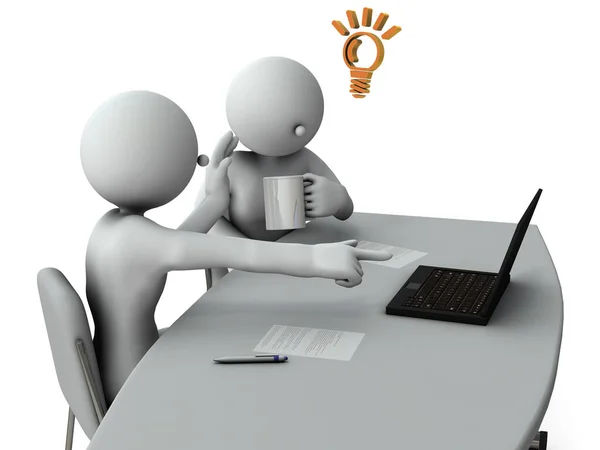 两个商人聚集在一个会议桌旁 一边看着电脑屏幕一边聊天 找到一个解决方案 建设性的讨论 3D渲染 白色背景 — 图库照片