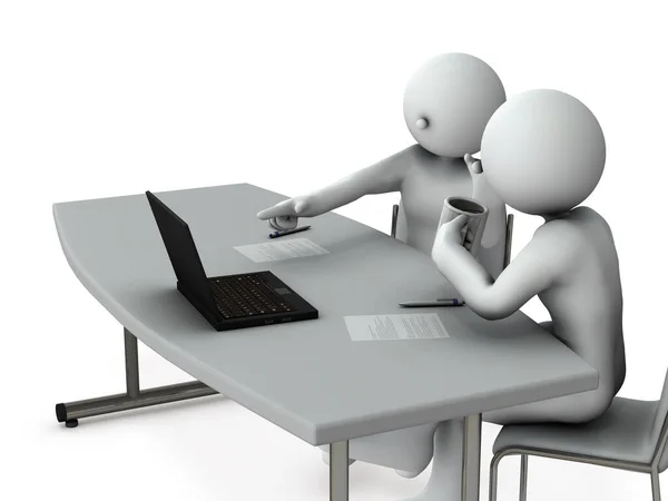 两个商人聚集在一张会议桌旁 看着电脑屏幕 互相交谈 业务战略和进度管理 建设性的讨论 3D渲染 白色背景 — 图库照片