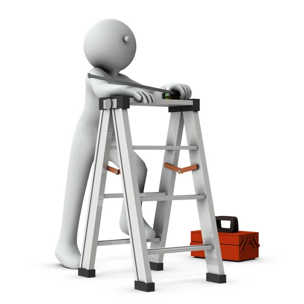 Person Who Puts His Feet Stepladder Has Tape Measure His — Stock Photo, Image