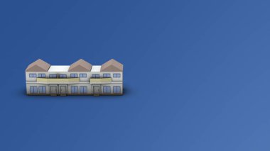 Teraslı bir evin mimari modeliyim. metin alanı. İkametgah. 3 boyutlu görüntüleme. Güzel mavi arka plan. Binanın görünümü.
