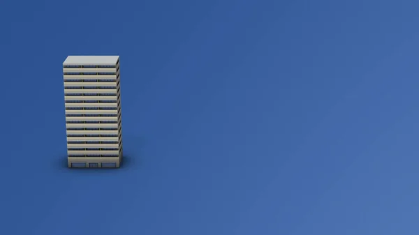一幢高层公寓楼的缩影 城市住房 3D渲染 凉爽的蓝色背景 大楼的外观 — 图库照片